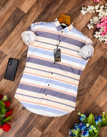 Men Regular Fit Striped Ribbed Collar Casual Shirt
