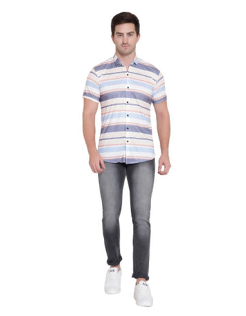 Men Regular Fit Striped Ribbed Collar Casual Shirt