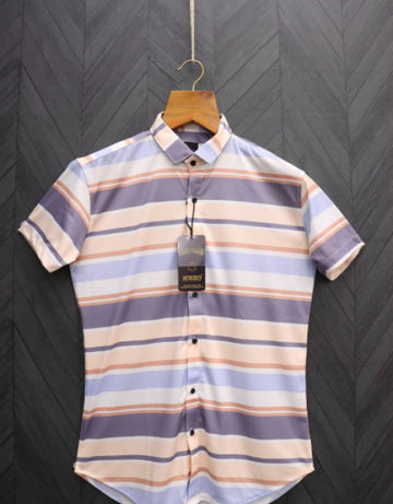 Men Regular Fit Striped Ribbed Collar Casual Shirt